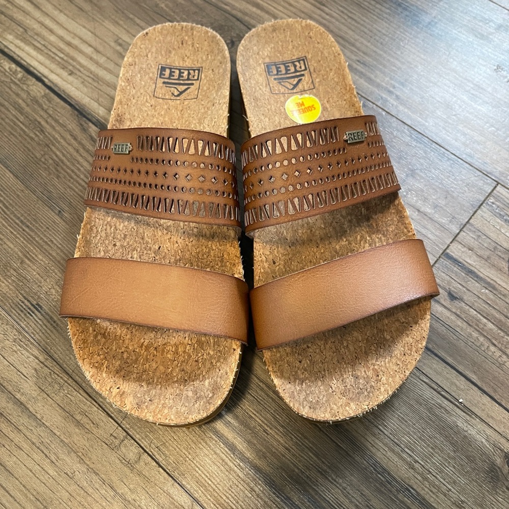 Reef Brown Double-Strap Cork Slide Sandals